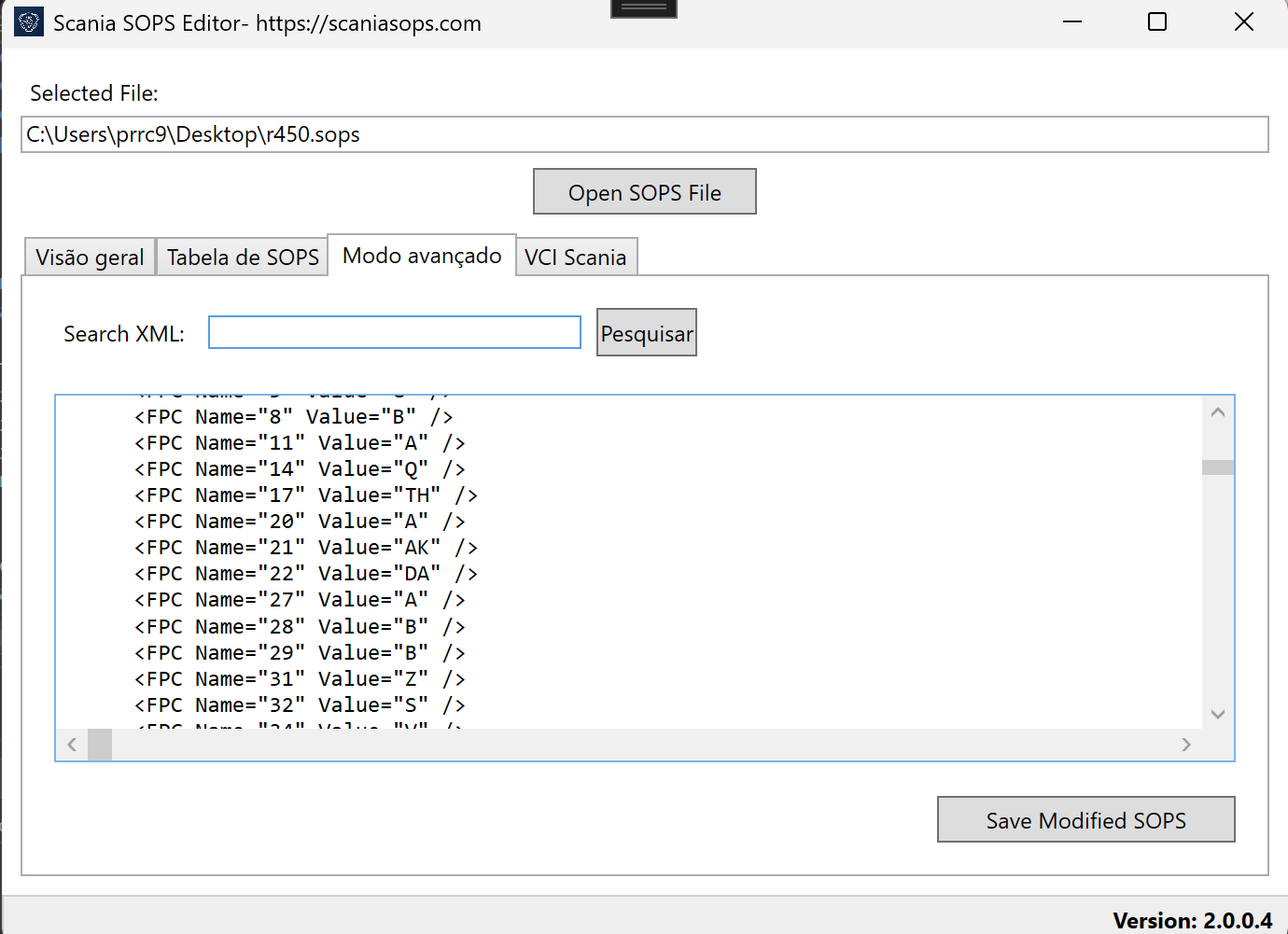 Scania SOPS Editor – Parameters table view