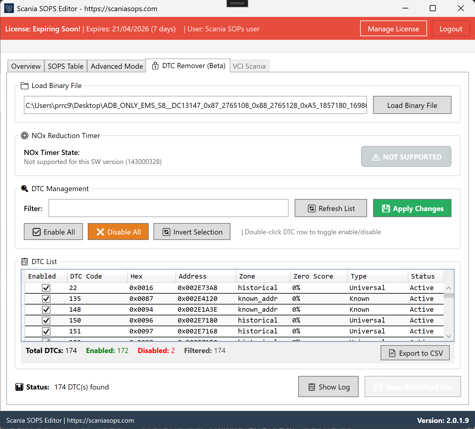 Scania SOPS Editor – Parameter table with 2000+ options
